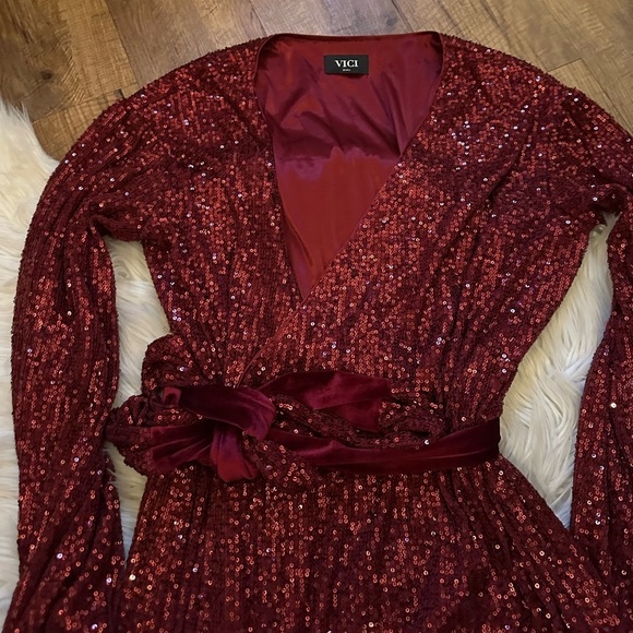 VICI Maroon Sequin Faux Wrap Mini Dress - Picture 4 of 6